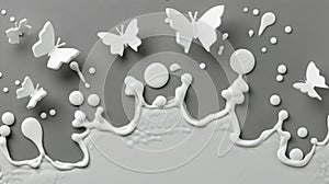 White liquid silhouettes of flying butterflies on gray background with milk splash and crown shape.