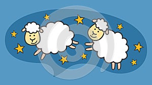 White little cartoon sheeps or lambs are flying in the blue night sky.