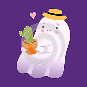 White Little Ghost in Hat with Flowerpot, Cute Halloween Spooky Character Vector Illustration