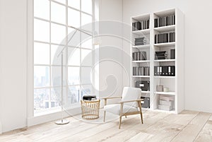 White living room with a bookcase, side view