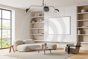 White living room corner with bookcase and poster