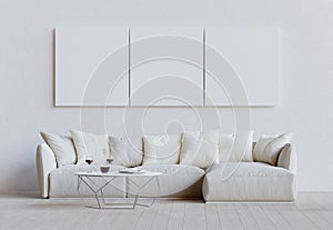 White living room with couch, table and mockup pictures. 3D render.