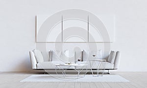 White living room with couch, table and mockup pictures. 3D render.