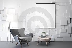 White living room, gray armchair, poster, table