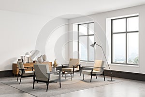 White living room interior with armchairs and concrete floor, mockup