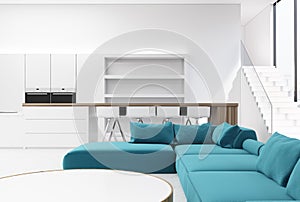 White living room interior, blue sofa