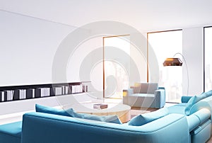 White living room interior, blue sofa side, toned