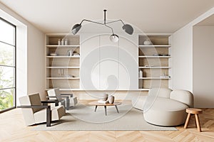 White living room interior with bookcase