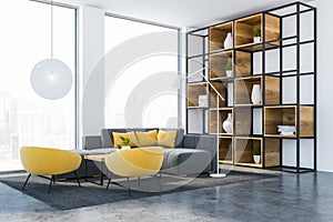 White living room interior with bookcase