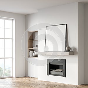 White living room interior with books and fireplace with window, poster mockup