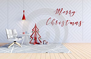 White living room interior with Christmas tree and Merry Christmas word on wall for Christmas holiday