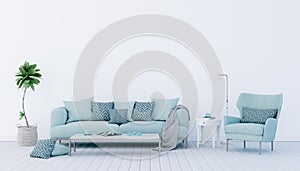 White Living room interior design with blue velvet furniture and decorative plant with white wall copy space 3d render