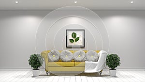 White living room interior design, Yellow fabric sofa ,lamp and plants and frame on empty white wall .3D rendering