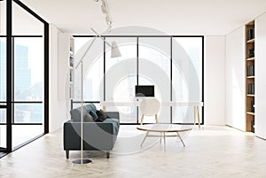 White living room interior, home office, side