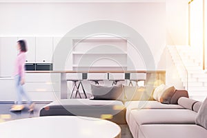 White living room interior, sofa, girl