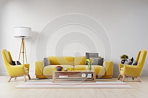 White living room interior with Yellow fabric sofa ,lamp and plants on empty white wall background