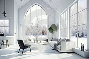 White living room with large windows and fireplace. Generative AI