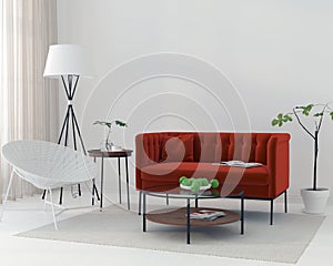 White living room with a red sofa