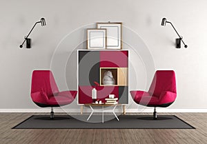 White living room with sideboard and modern armchairs