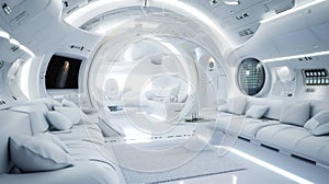 White living room in spaceship, design of starship or home on planet. Inside spacecraft, passenger compartment interior. Concept