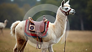White Llama with Saddle in a Grassy Field