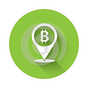White Location bitcoin icon isolated with long shadow. Physical bit coin. Blockchain based secure crypto currency. Green