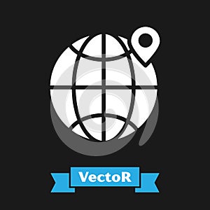 White Location on the globe icon isolated on black background. World or Earth sign. Vector Illustration