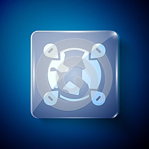 White Location on the globe icon isolated on blue background. World or Earth sign. Square glass panels. Vector