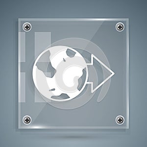 White Location on the globe icon isolated on grey background. World or Earth sign. Square glass panels. Vector