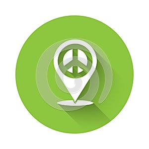 White Location peace icon isolated with long shadow. Hippie symbol of peace. Green circle button. Vector