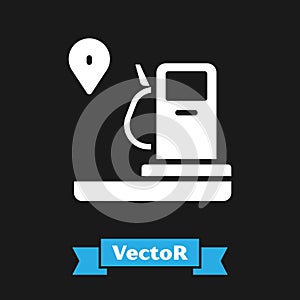 White Location and petrol or gas station icon isolated on black background. Car fuel symbol. Gasoline pump. Vector