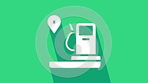 White Location and petrol or gas station icon isolated on green background. Car fuel symbol. Gasoline pump. 4K Video