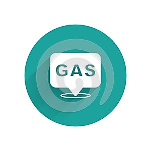 White Location and petrol or gas station icon isolated with long shadow background. Car fuel symbol. Gasoline pump