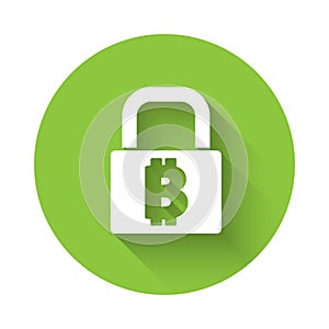 White Lock with bitcoin icon isolated with long shadow. Cryptocurrency mining, blockchain technology, security, protect