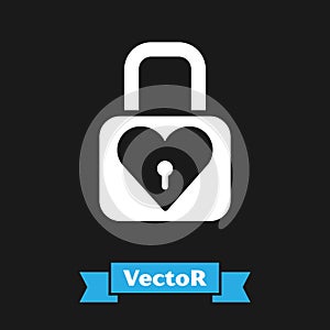 White Lock and heart icon isolated on black background. Locked Heart. Love symbol and keyhole sign. Valentines day