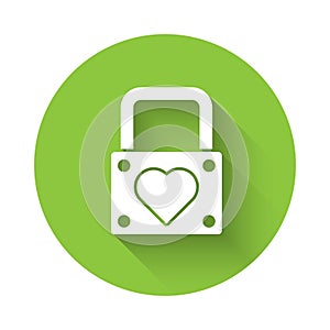 White Lock and heart icon isolated with long shadow. Locked Heart. Love symbol and keyhole sign. Valentines day symbol