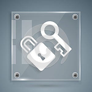 White Lock with key icon isolated on grey background. Love symbol and keyhole sign. Square glass panels. Vector