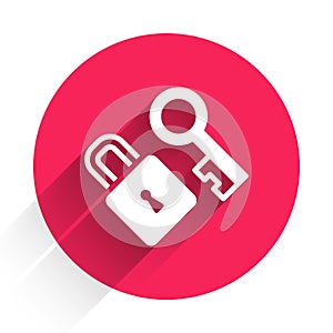 White Lock with key icon isolated with long shadow. Love symbol and keyhole sign. Red circle button. Vector