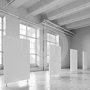 White loft hall interior with frames for exhibition