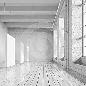 White loft hall interior with frames for exhibition