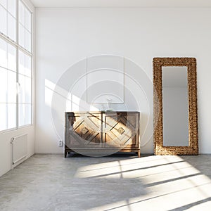 White loft interior with vintage commode and floor mirror frame