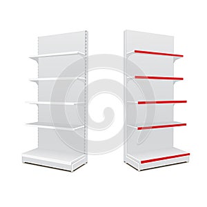 White Long Blank Empty Showcase Displays With Retail Shelves. 3D Products On White Background Isolated. Ready For Your Design