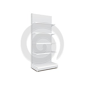 White Long Blank Empty Showcase Displays With Retail Shelves. 3D Products On White Background Isolated. Ready For Your Design