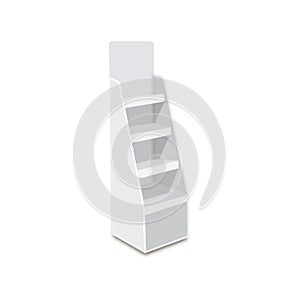 White Long Blank Empty Showcase Displays With Retail Shelves. 3D Products On White Background Isolated. Ready For Your Design Avy