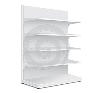 White Long Blank Empty Showcase Displays With Retail Shelves Products