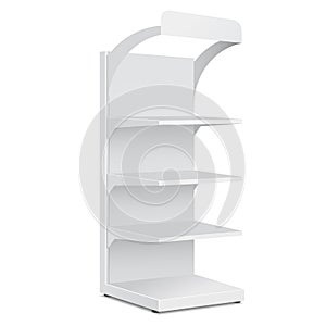 White Long Blank Empty Showcase Displays With Retail Shelves Products On White Background Isolated. Vector EPS10