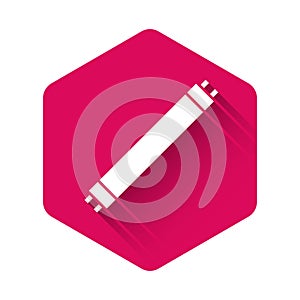 White Long luminescence fluorescent energy saving lamp icon isolated with long shadow background. Pink hexagon button