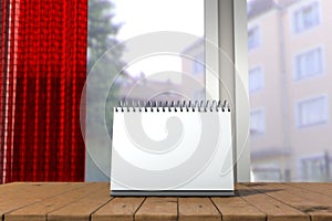 White loose-leaf calendar mock up in front of blurred background. 3d illustration of empty desk calendar