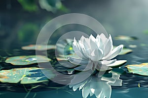 white lotos flower in pond, symbol of wesak day. 3d illustration