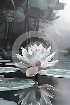 white lotos flower in pond, symbol of wesak day. 3d illustration